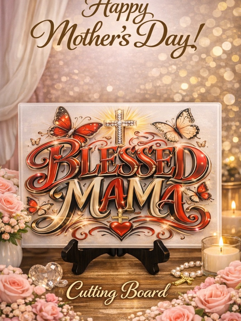 Blessed Mama Decorative Cutting Board - Red & Gold